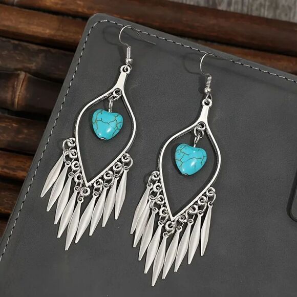 New - Boho Feather Tassel Heart Turquoise Dangle Earrings - Picture 7 of 9